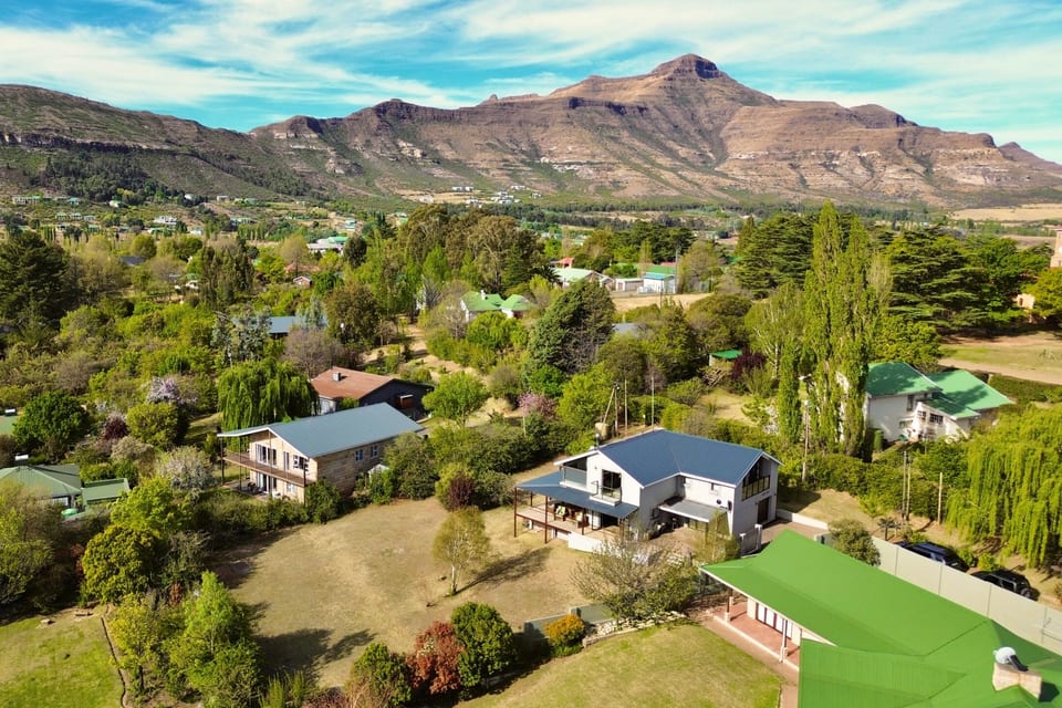 Aerial view over estate homes and gardens toward the mountains