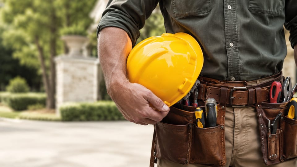 A maintenance worker with a hard hat and a tool belt of hand tools