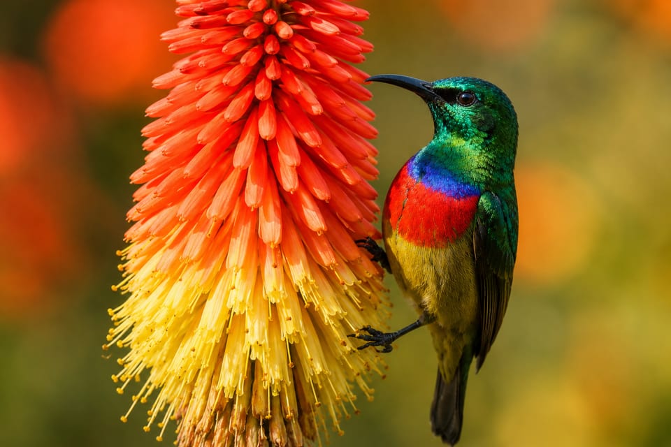 A double-collared sunbird with an iridescent green head and crimson breast feeding from a red-hot-poker flower on the estate